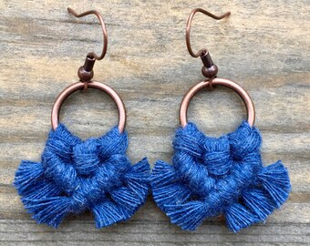 Micro Macrame Blue Fringe Earrings. Mini Blue Fringe Earrings. Small Macrame Earrings. Boho Fashion. Statement Earrings.