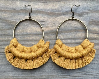 Mustard Yellow Fringe Earrings. Mustard Yellow Macrame Earrings. Large Earrings. Knotted Fringe Earrings. Boho Fashion.