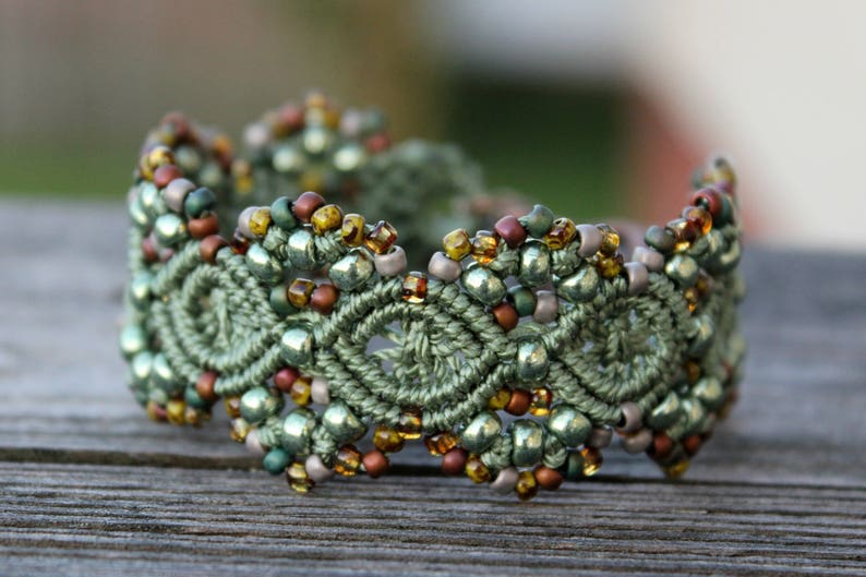 Micro-Macrame Cuff Bracelet. Modern Macrame. Beaded Cuff. Green Bracelet. Green Macrame Cuff. Statement Jewelry. Boutique Fashion Piece.
