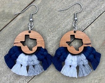 Dallas Cowboys Earrings. Cowboys Fringe Earrings. Macrame Earrings. Wooden Macramé Earrings. Wooden Earrings. Macramé Statement Earrings.