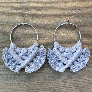 Gray Fringe Earrings. Gray Macrame Fringe Earrings. Fringe Hoop Earrings. Statement Earrings.