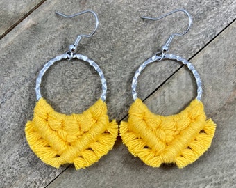 Bright Yellow Fringe Earrings. Small Yellow Fringe Earrings. Yellow Macrame Earrings. Small Yellow Statement Earrings.