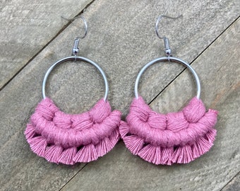 Bubblegum Pink Fringe Earrings. Mini Fringe Earrings. Pink Macrame Earrings. Small Pink Statement Earrings. Boutique Fashion.