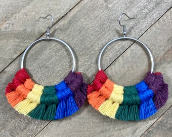 Rainbow Earrings. Rainbow Macrame Earrings. Rainbow Fringe Earrings. Knotted Fringe Earrings. Rainbow Statement Earrings.
