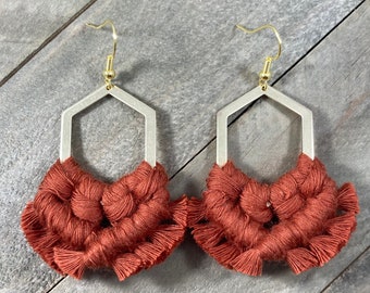 Hexagon Earrings. Orange Geometric Fringe Earrings. Orange Macrame Earrings. Large Macrame Earrings. Orange Statement Earrings.