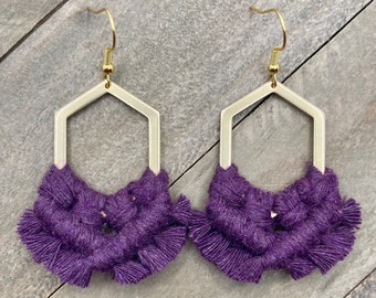 Purple Fringe Earrings. Purple Geometric Fringe Earrings. Purple Macrame Earrings. Large Macrame Earrings. Purple Statement Earrings.