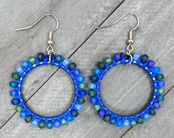 Ocean Blue Beaded Hoop Earrings. Macrame Hoop Earrings. Knotted Earrings. Statement Earrings.