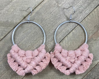 Blush Fringe Earrings. Blush Macrame Fringe Earrings. Blush Fringe Hoop Earrings. Blush Statement Earrings.