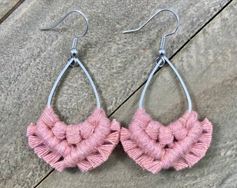 Blush Pink Teardrop Fringe Earrings. Blush Fringe Earrings. Blush Macrame Earrings. Pink Boho Earrings. Small Pink Statement Earrings.