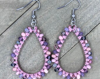 Pink Beaded Teardrop Earrings. Macrame Teardrop Hoop Earrings. Knotted Earrings. Statement Earrings.