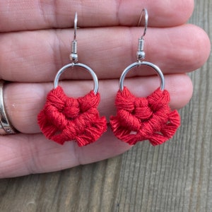 Micro Macrame Fringe Earrings. Mini Red Fringe Earrings. Small Red Macrame Earrings. Boho Fashion. Statement Earrings. image 5