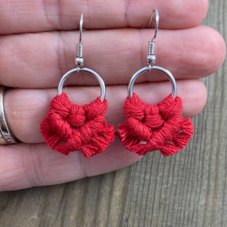 Micro Macrame Fringe Earrings. Mini Red Fringe Earrings. Small Red Macrame Earrings. Boho Fashion. Statement Earrings. image 5