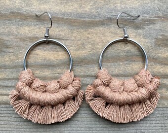 Mocha Brown Macrame Earrings. Mocha Brown Fringe Earrings.  Knotted Fringe Earrings. Brown Statement Earrings.