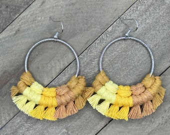 Yellow Macrame Earrings. Multicolored Fringe Earrings. Knotted Fringe Earrings. Large Statement Earrings.