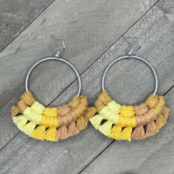 Yellow Macrame Earrings. Multicolored Fringe Earrings. Knotted Etsy