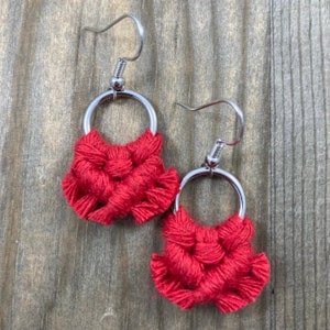 Micro Macrame Fringe Earrings. Mini Red Fringe Earrings. Small Red Macrame Earrings. Boho Fashion. Statement Earrings. image 4