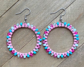 Fashion Doll Pink Beaded Hoop Earrings. Macrame Hoop Earrings. Knotted Earrings. Pink Statement Earrings.