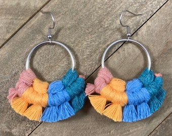 Multicolored Macrame Earrings. Multicolored Fringe Earrings. Knotted Fringe Earrings. Large Statement Earrings.