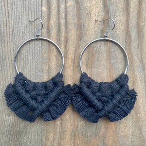 Black Macrame Fringe Hoop Earrings: Statement Earrings
