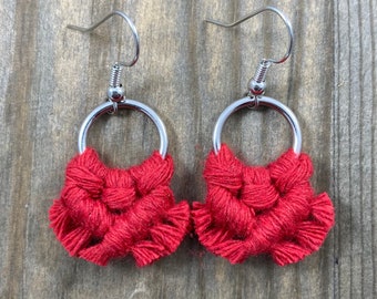 Micro Macrame Fringe Earrings. Mini Red Fringe Earrings. Small Red Macrame Earrings. Boho Fashion. Statement Earrings.