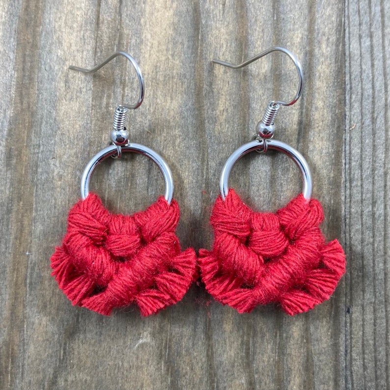 Micro Macrame Fringe Earrings. Mini Red Fringe Earrings. Small Red Macrame Earrings. Boho Fashion. Statement Earrings. image 1
