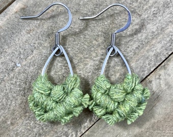 Micro Macrame Green Teardrop Fringe Earrings. Mini Green Fringe Earrings. Small Green Earrings. Mini Green Statement Earrings.