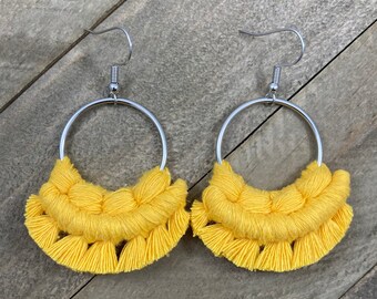 Bright Yellow Macrame Earrings. Yellow Fringe Earrings.  Knotted Fringe Earrings. Yellow Statement Earrings. Small Macrame Earrings.