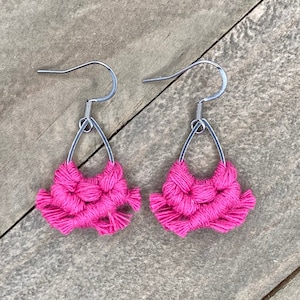 Mini Hot Pink Macrame Earrings. Mini Pink Fringe Earrings. Small Pink Earrings. Mini Hot Pink Statement Earrings. image 1