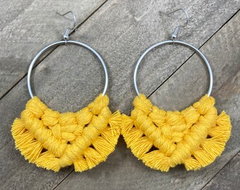 Bright Yellow Fringe Earrings. Yellow Macrame Fringe Earrings. Yellow Fringe Hoop Earrings. Yellow Statement Earrings.