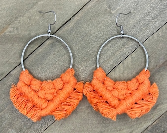 Orange Fringe Earrings. Bright Orange Macrame Fringe Earrings. Orange Fringe Hoop Earrings. Orange Statement Earrings.