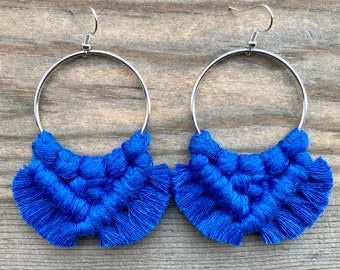 Cobalt Blue Fringe Earrings. Blue Macrame Fringe Earrings. Blue Fringe Hoop Earrings. Cobalt Blue Statement Earrings.