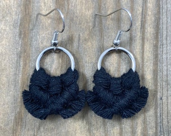 Micro Macrame Black Fringe Earrings. Mini Black Fringe Earrings. Small Black Macrame Earrings. Boho Fashion. Statement Earrings.