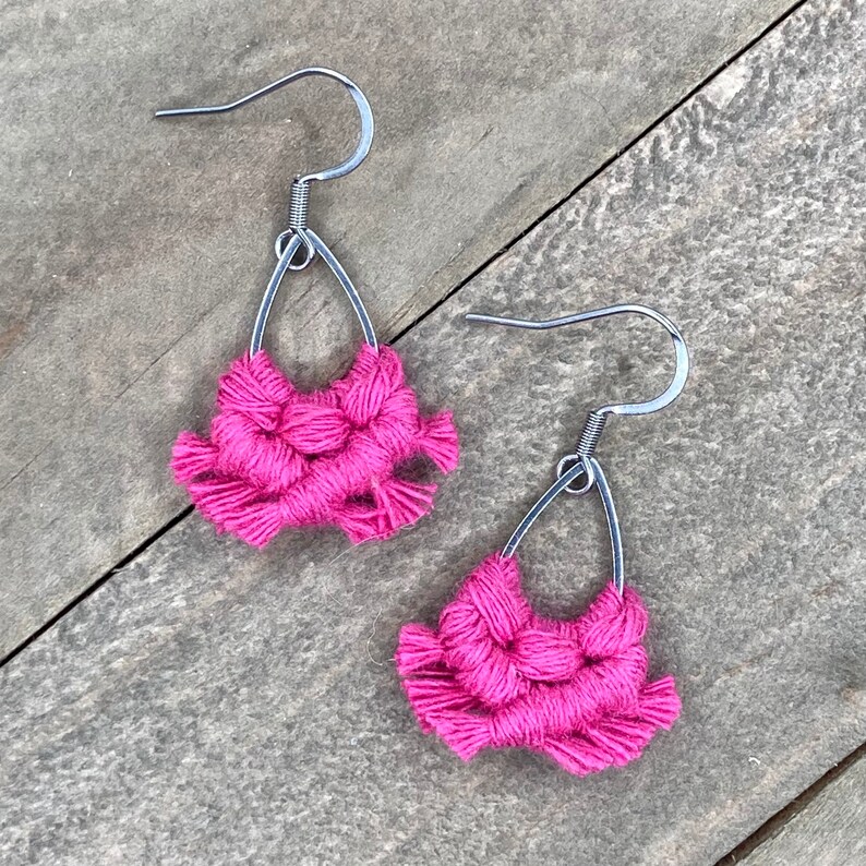 Mini Hot Pink Macrame Earrings. Mini Pink Fringe Earrings. Small Pink Earrings. Mini Hot Pink Statement Earrings. image 4