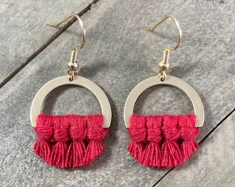 Red Geometric Fringe Earrings. Red Macrame Earrings. Red Macrame Fringe Earrings. Knotted Fringe Earrings. Small Red Statement Earrings.