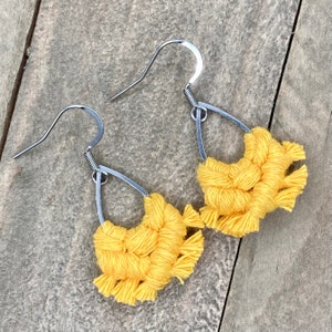 Mini Macrame Bright Yellow Teardrop Fringe Earrings. Mini Yellow Fringe Earrings. Small Yellow Earrings. Mini Yellow Statement Earrings. image 2