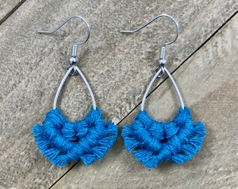 Micro Macrame Aqua Blue Teardrop Fringe Earrings. Mini Blue Fringe Earrings. Small BlueEarrings. Mini Blue Statement Earrings.