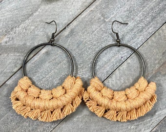 Marigold Fringe Earrings. Yellow Macrame Earrings. Large Earrings. Knotted Fringe Earrings. Boho Fashion.