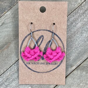 Mini Hot Pink Macrame Earrings. Mini Pink Fringe Earrings. Small Pink Earrings. Mini Hot Pink Statement Earrings. image 5