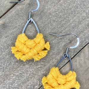 Mini Macrame Bright Yellow Teardrop Fringe Earrings. Mini Yellow Fringe Earrings. Small Yellow Earrings. Mini Yellow Statement Earrings. image 4