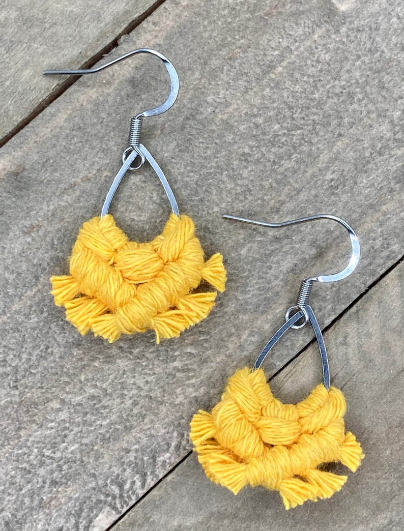 Mini Macrame Bright Yellow Teardrop Fringe Earrings. Mini Yellow Fringe Earrings. Small Yellow Earrings. Mini Yellow Statement Earrings. image 4