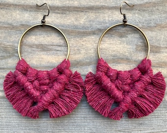 Burgundy Fringe Earrings. Burgundy Macrame Fringe Earrings. Red Fringe Hoop Earrings. Statement Earrings.