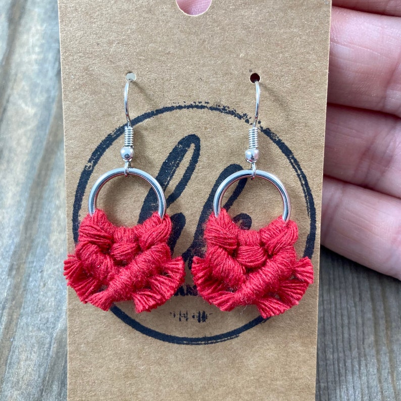 Micro Macrame Fringe Earrings. Mini Red Fringe Earrings. Small Red Macrame Earrings. Boho Fashion. Statement Earrings. image 6
