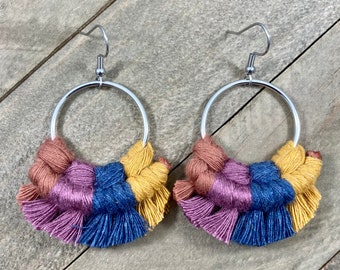 Multicolored Macrame Earrings. Multicolored Fringe Earrings. Knotted Fringe Earrings. Large Statement Earrings.