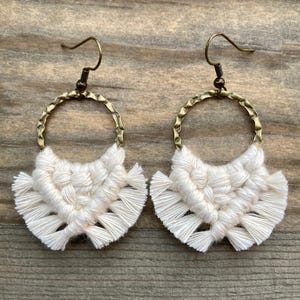 Macrame Fringe Hoop Earrings - Boho Mini Neutral Nickel Free Jewelry Minimalist Knotted Statement Piece