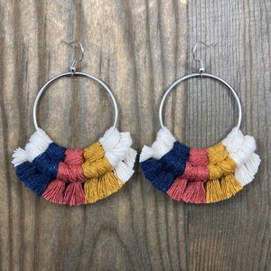Multicolored Macrame Earrings. Multicolored Fringe Earrings. Knotted Fringe Earrings. Large Statement Earrings.