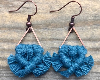 Mini Peacock Blue Triangle Fringe Earrings. Mini Peacock Blue Fringe Earrings. Small Blue Macrame Earrings. Blue Boho Earrings.
