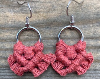 Micro Macrame Pomegranate Red Fringe Earrings. Mini Red Fringe Earrings. Small Red Macrame Earrings. Mini Statement Earrings.