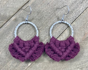 Plum Purple Fringe Earrings. Purple Small Fringe Earrings. Purple Macrame Earrings. Purple Statement Earrings. Purple Knotted Earrings.