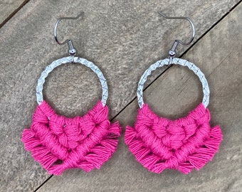Hot Pink Fringe Earrings. Small Hot Pink Fringe Earrings. Pink Macrame Earrings. Small Pink Statement Earrings.