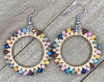 Beaded Hoop Earrings. Macrame Hoop Earrings. Knotted Earrings. Statement Earrings.